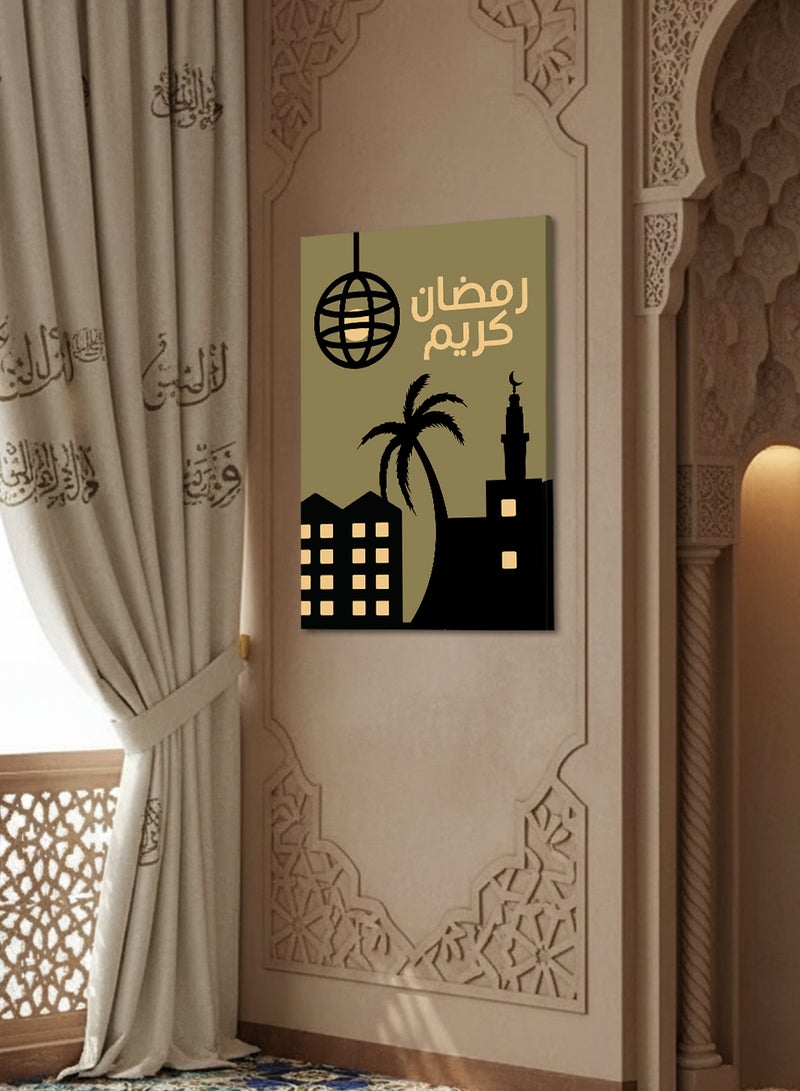 لوحة كانفاس على إطار خشبي بتصميم رمضان كريم مع مسجد - Image 1